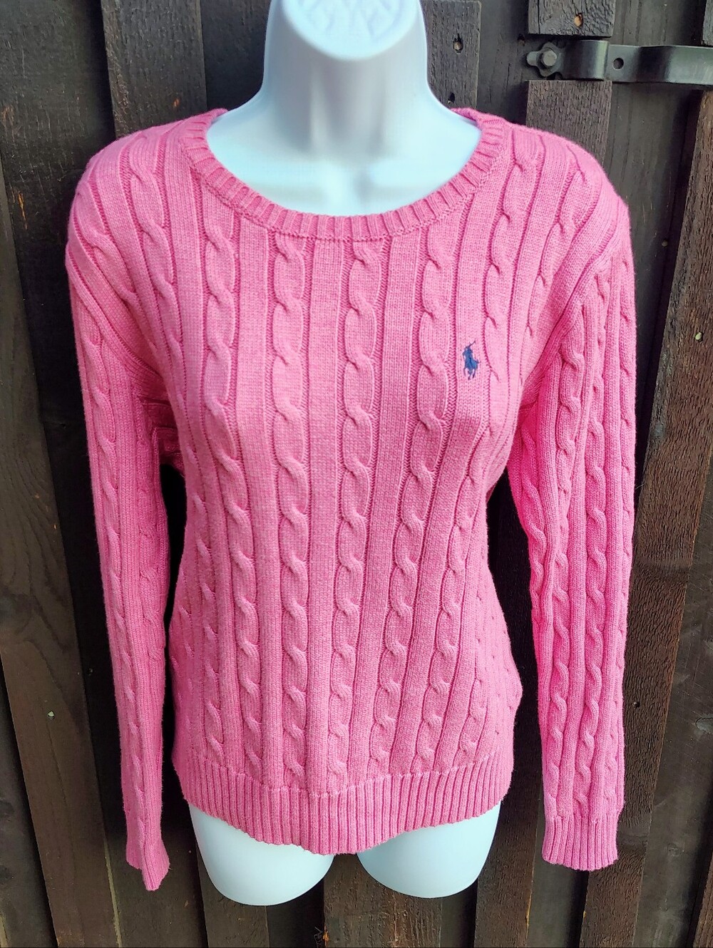 Ralph Lauren Pink Cable-Knit Crewneck Sweater with Polo Logo